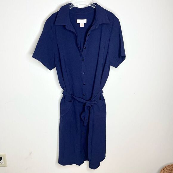 RACHEL PARCELL Navy Peacoat Navy Blue Collared Front Button Short Sleeves Large - Picture 2 of 6